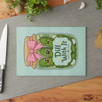 Glass Cutting Board — Cute Pickle Jar Design "Dill With It" (Kitchen Décor, Funny Gift)