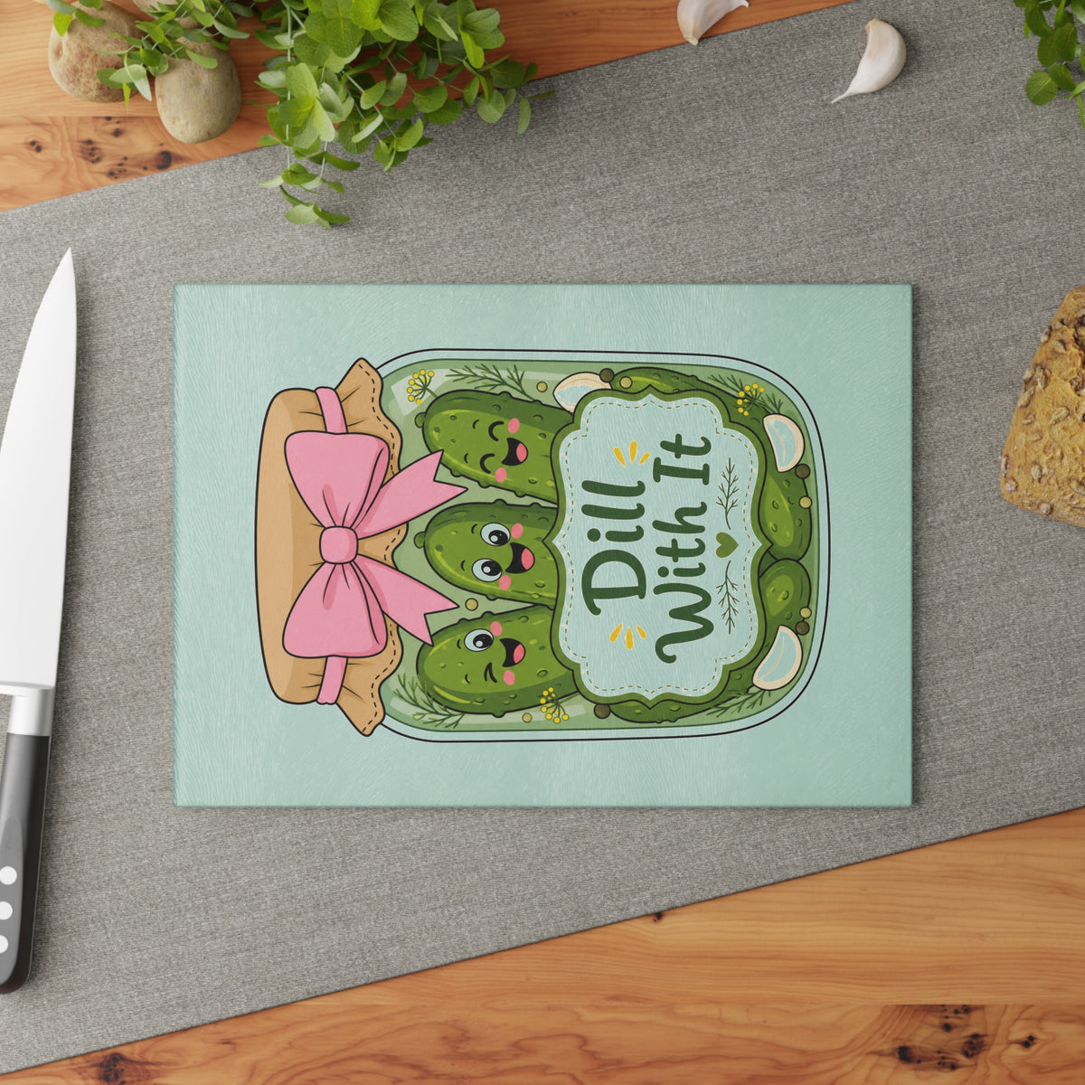 Glass Cutting Board — Cute Pickle Jar Design "Dill With It" (Kitchen Décor, Funny Gift)