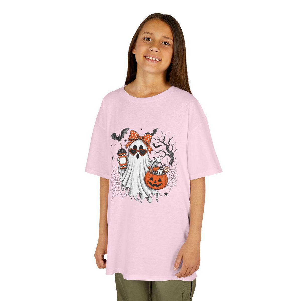Kids Halloween Ghost Tee – Cute Pumpkin, Bat & Spiderweb Trick-or-Treat Design