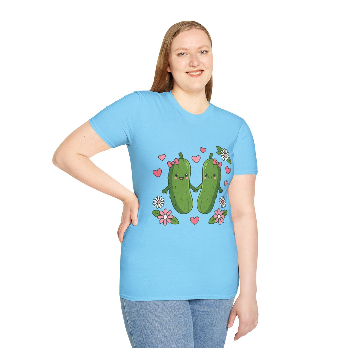 Cute Pickle Couple T-Shirt — Kawaii Matching Pickles with Hearts & Flowers