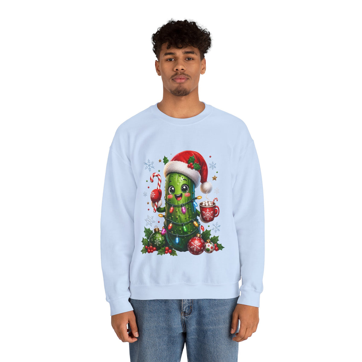 Christmas Pickle Sweatshirt – Cute Santa Hat Pickle with Candy Cane & Hot Cocoa