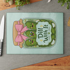 Glass Cutting Board — Cute Pickle Jar Design "Dill With It" (Kitchen Décor, Funny Gift)