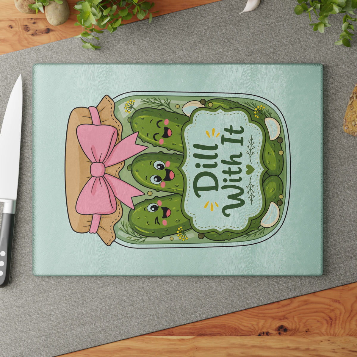Glass Cutting Board — Cute Pickle Jar Design "Dill With It" (Kitchen Décor, Funny Gift)