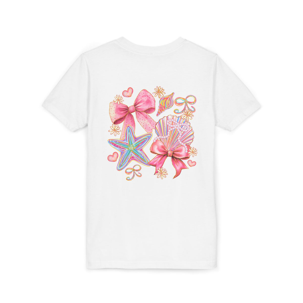 Kids Tee — Pink Seashell & Starfish Bow Graphic Shirt - Front and Back