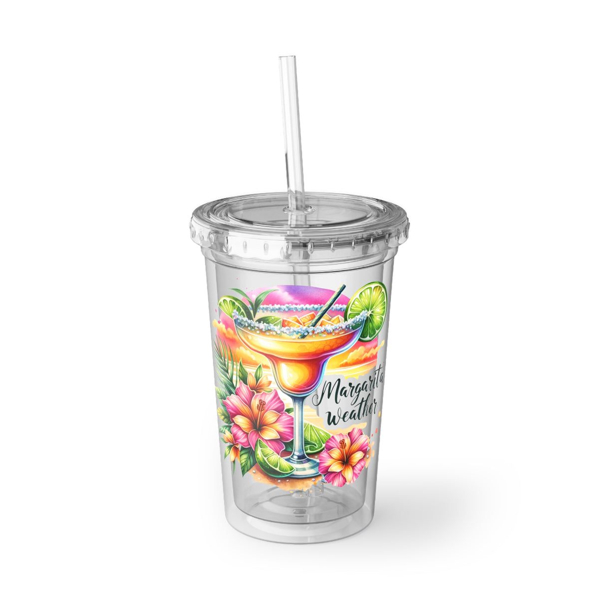 Tumbler — Tropical Margarita Acrylic Cup with Floral Watercolor Design