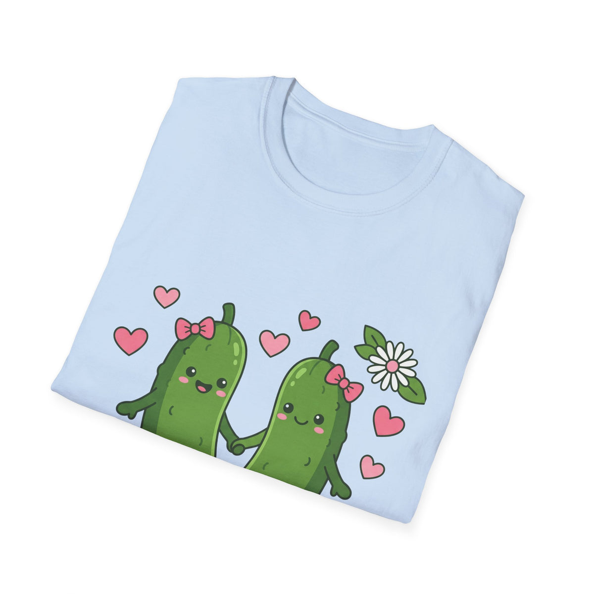 Cute Pickle Couple T-Shirt — Kawaii Matching Pickles with Hearts & Flowers