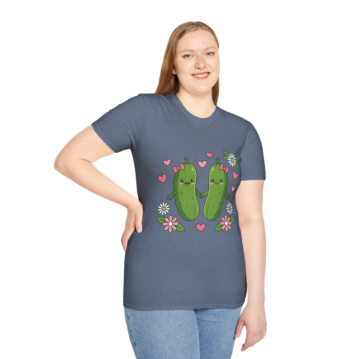Cute Pickle Couple T-Shirt — Kawaii Matching Pickles with Hearts & Flowers