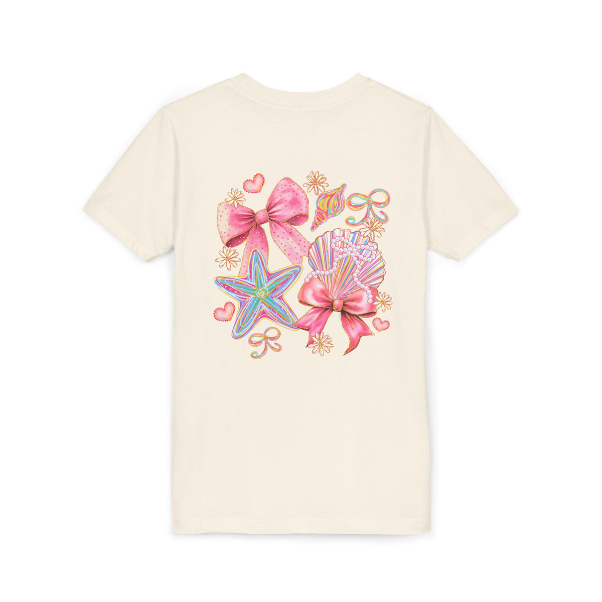 Kids Tee — Pink Seashell & Starfish Bow Graphic Shirt - Front and Back