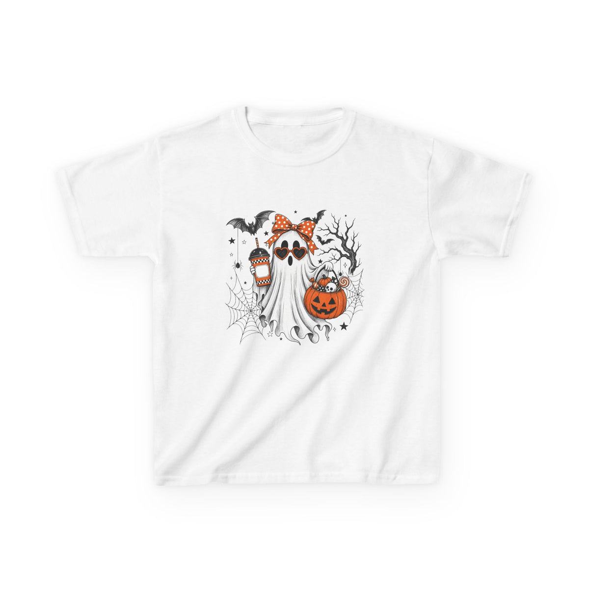 Kids Halloween Ghost Tee – Cute Pumpkin, Bat & Spiderweb Trick-or-Treat Design