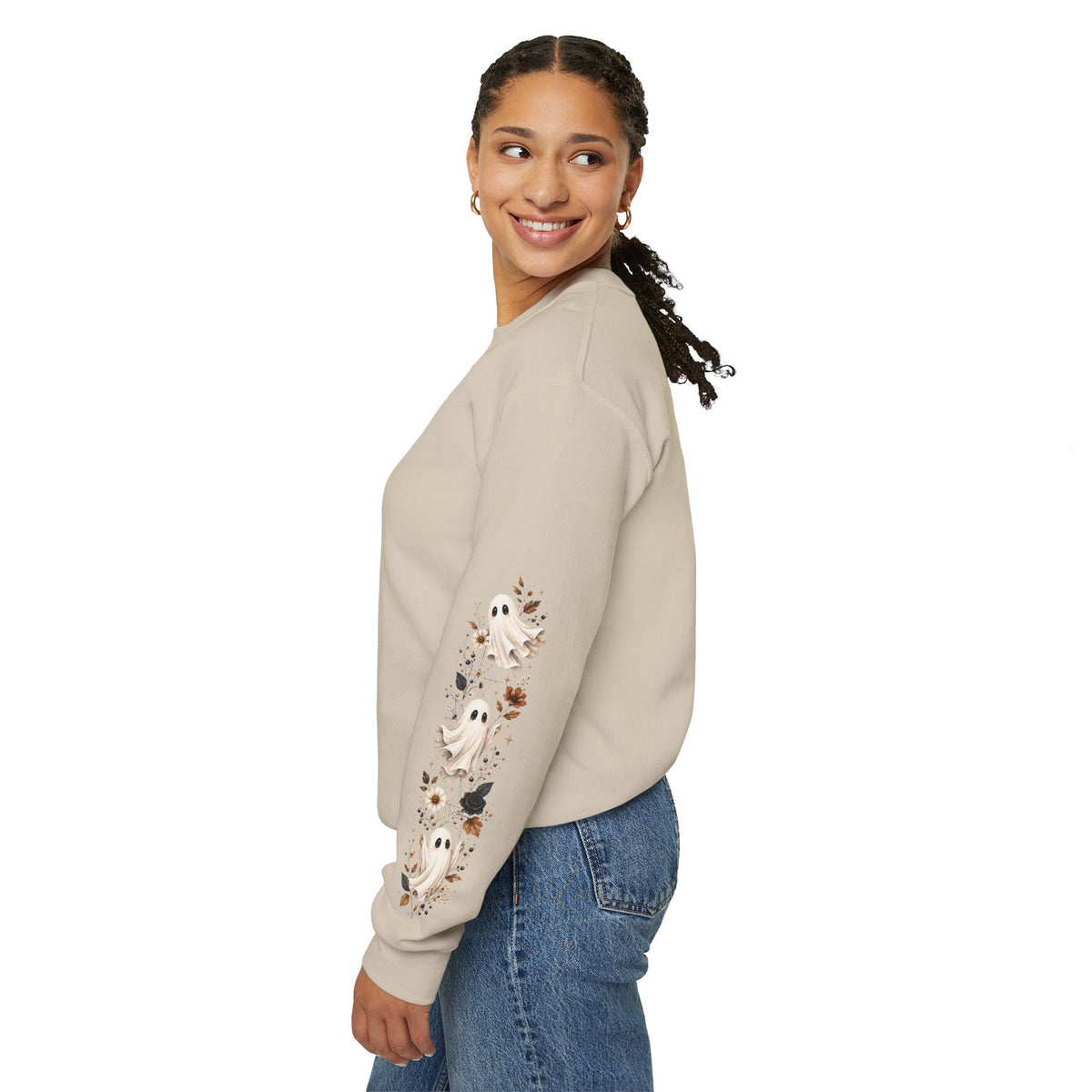 Ghost & Sunflower Crewneck Sweatshirt — Spooky Autumn Floral Pullover