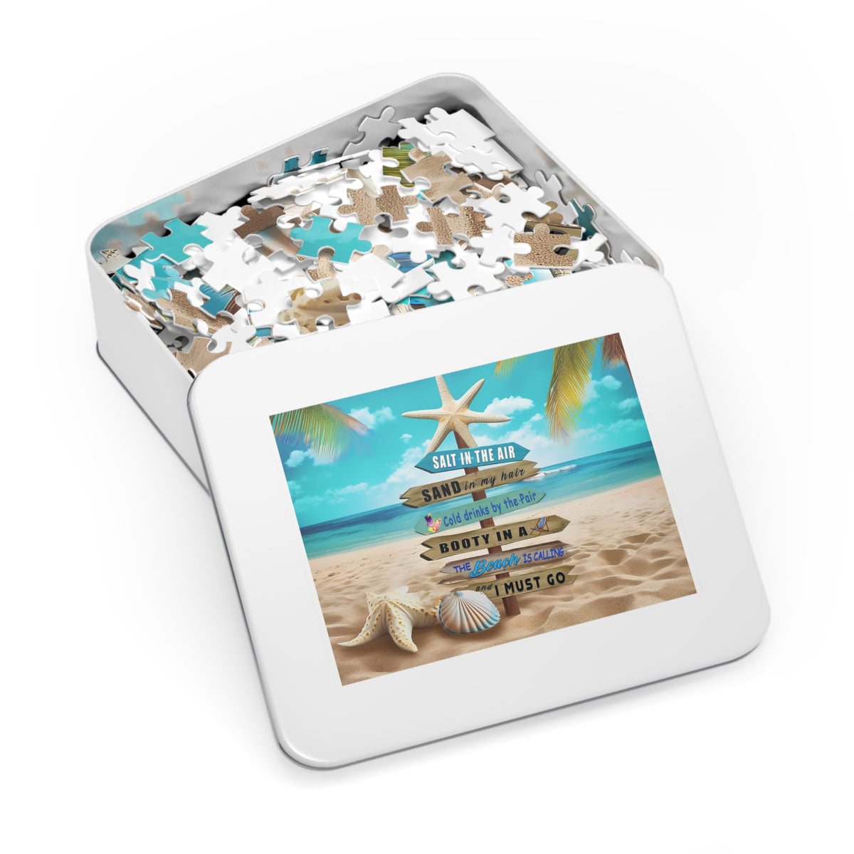 Beach Signpost Jigsaw Puzzle with Tin — 'Salt in the Air, Sand in My Hair' Seaside Puzzle Gift