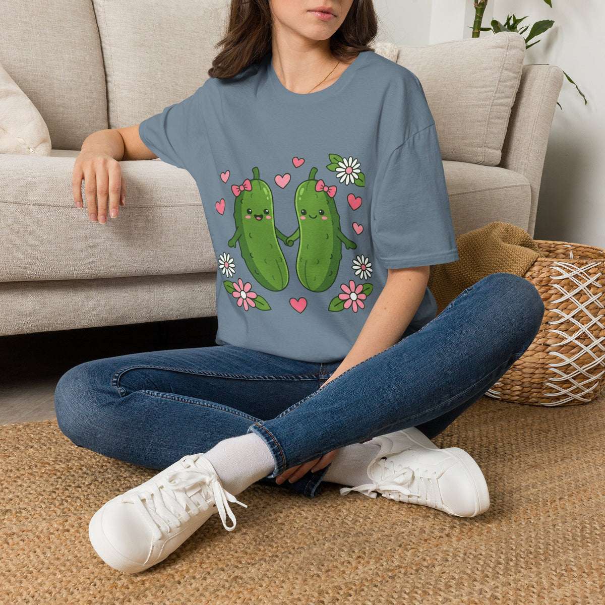 Cute Pickle Couple T-Shirt — Kawaii Matching Pickles with Hearts & Flowers