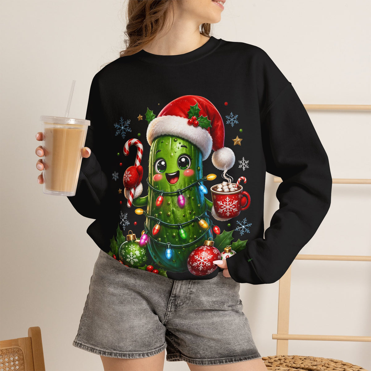 MD - Christmas Pickle Sweatshirt – Cute Holiday Pickle in Santa Hat with Candy Cane & Hot Cocoa