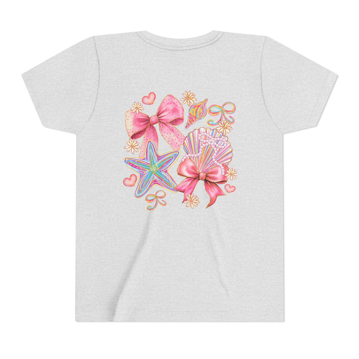 Kids Tee — Pink Seashell & Starfish Bow Graphic Shirt - Front and Back