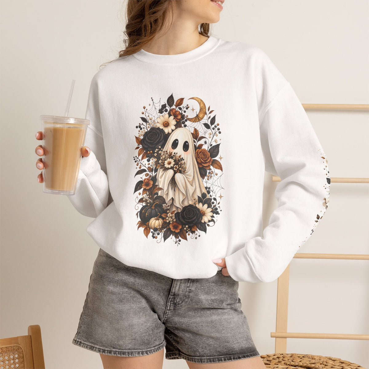 Ghost & Sunflower Crewneck Sweatshirt — Spooky Autumn Floral Pullover