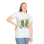 Cute Pickle Couple T-Shirt — Kawaii Matching Pickles with Hearts & Flowers