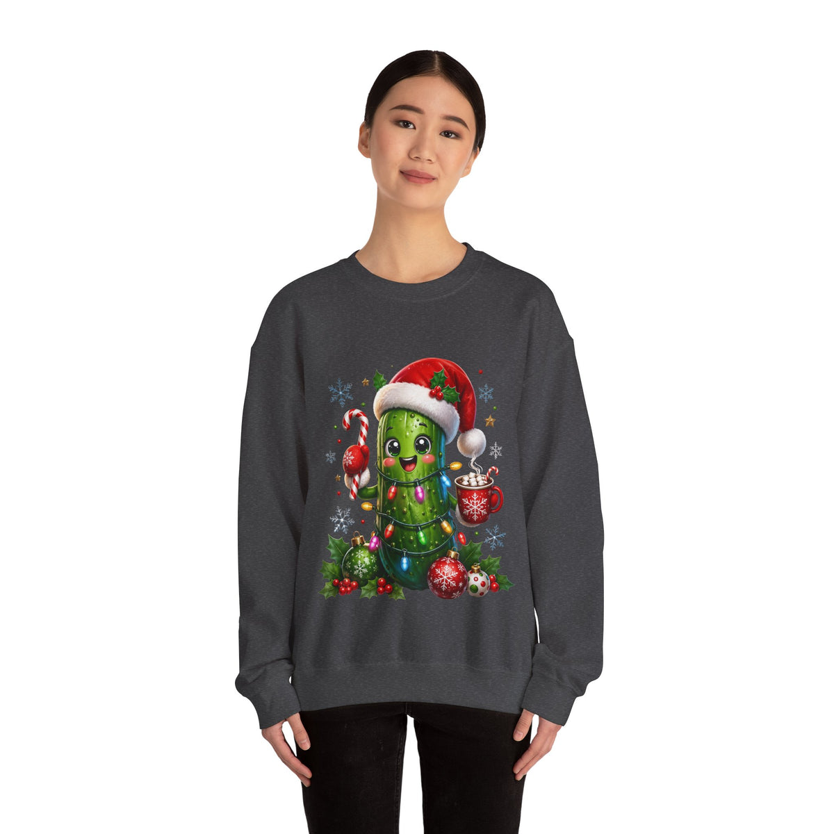 Christmas Pickle Sweatshirt – Cute Santa Hat Pickle with Candy Cane & Hot Cocoa