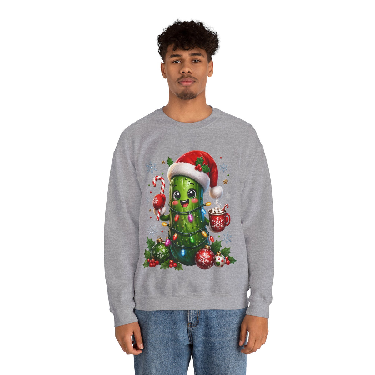 MD - Christmas Pickle Sweatshirt – Cute Holiday Pickle in Santa Hat with Candy Cane & Hot Cocoa
