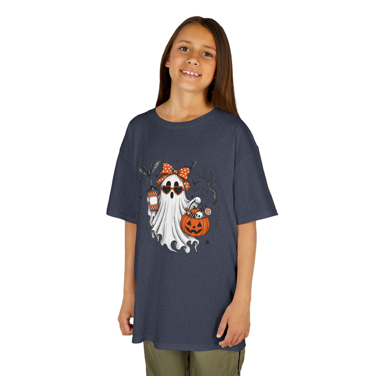 Kids Halloween Ghost Tee – Cute Pumpkin, Bat & Spiderweb Trick-or-Treat Design