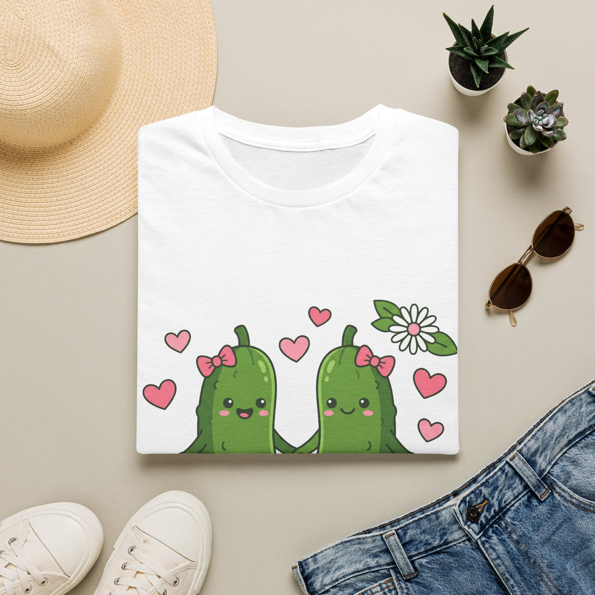 Cute Pickle Couple T-Shirt — Kawaii Matching Pickles with Hearts & Flowers