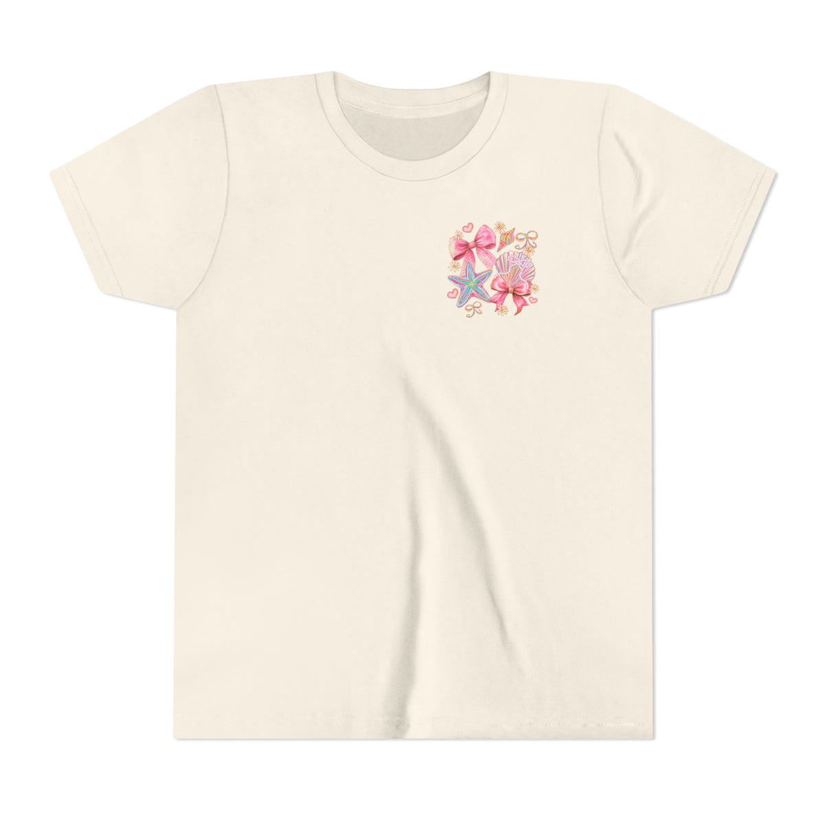 Kids Tee — Pink Seashell & Starfish Bow Graphic Shirt - Front and Back