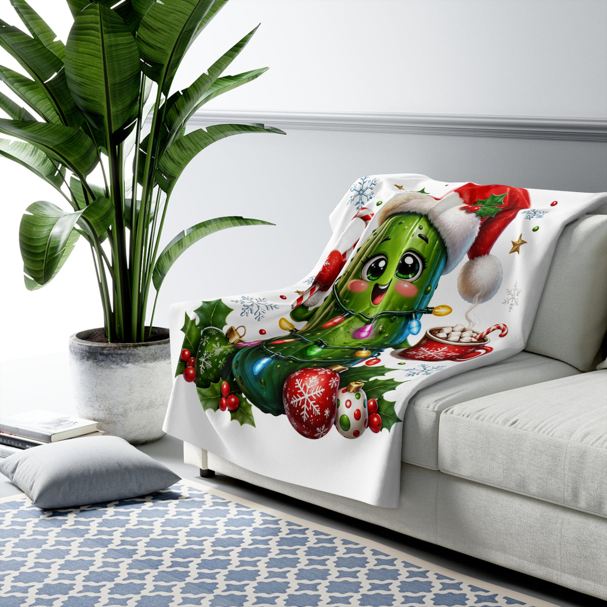 Cute Christmas Pickle Sherpa Blanket — Festive Holiday Cozy Throw