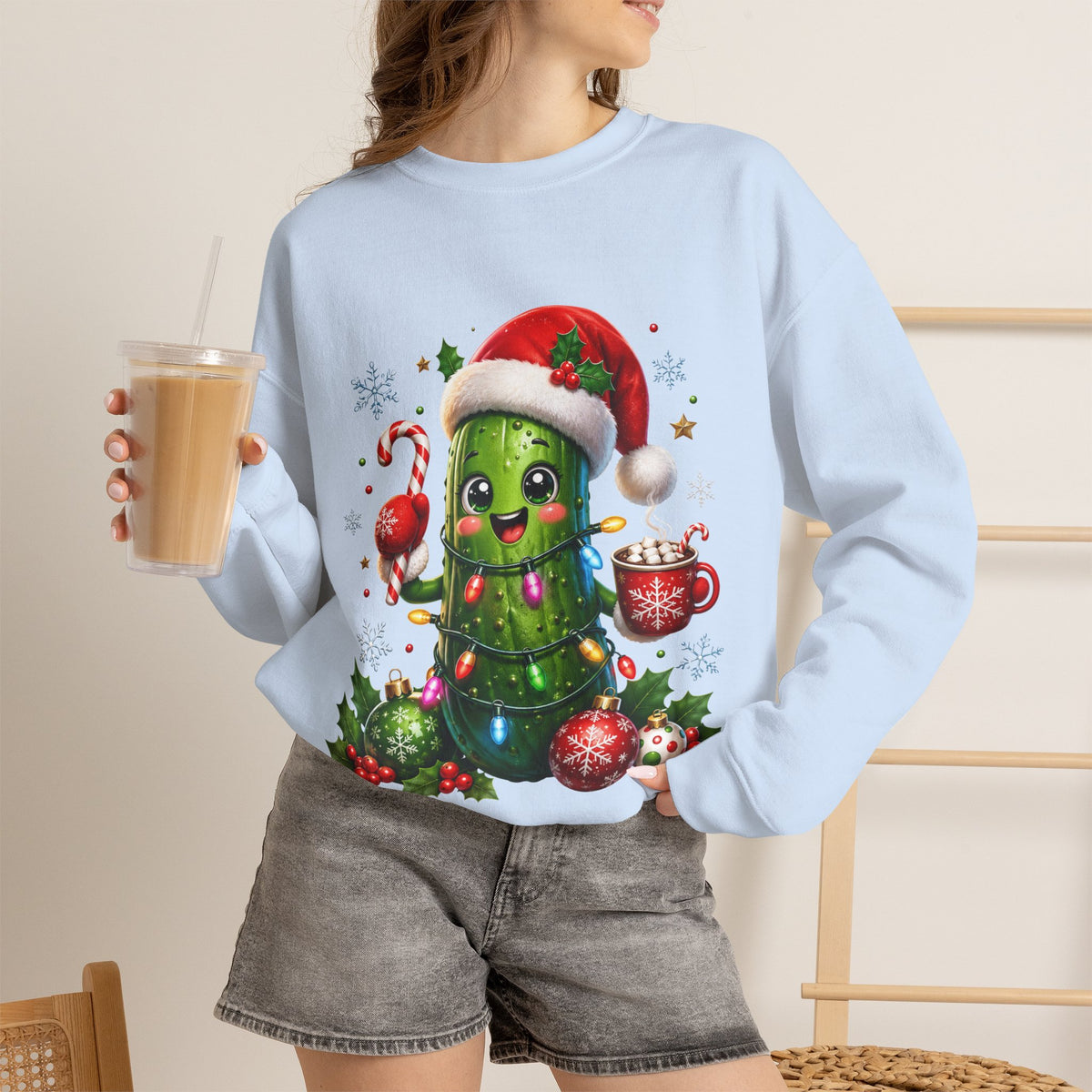 Christmas Pickle Sweatshirt – Cute Santa Hat Pickle with Candy Cane & Hot Cocoa