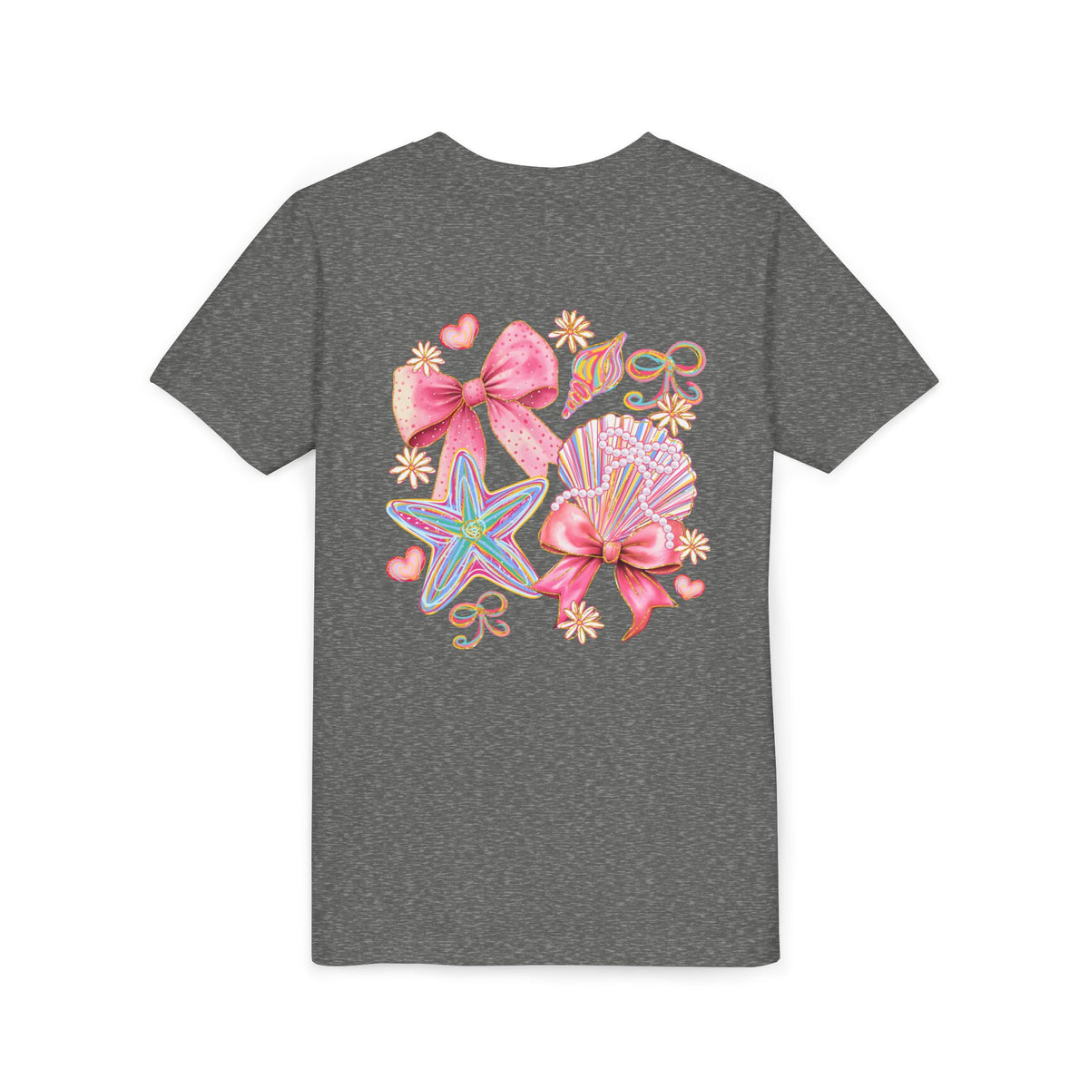Kids Tee — Pink Seashell & Starfish Bow Graphic Shirt - Front and Back