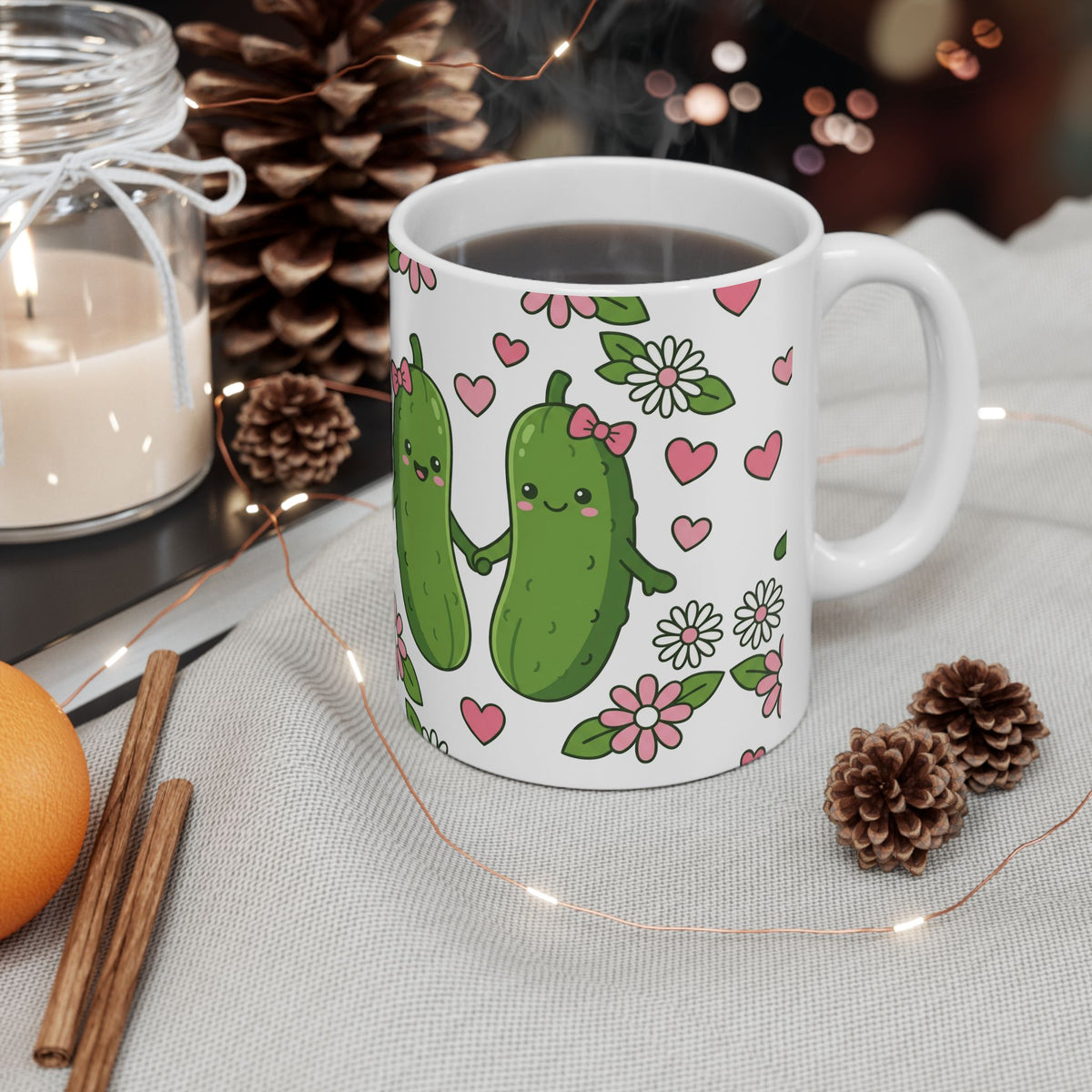 Cute Pickle Couple Mug — Kawaii Pickles with Hearts & Flowers (11oz/15oz)