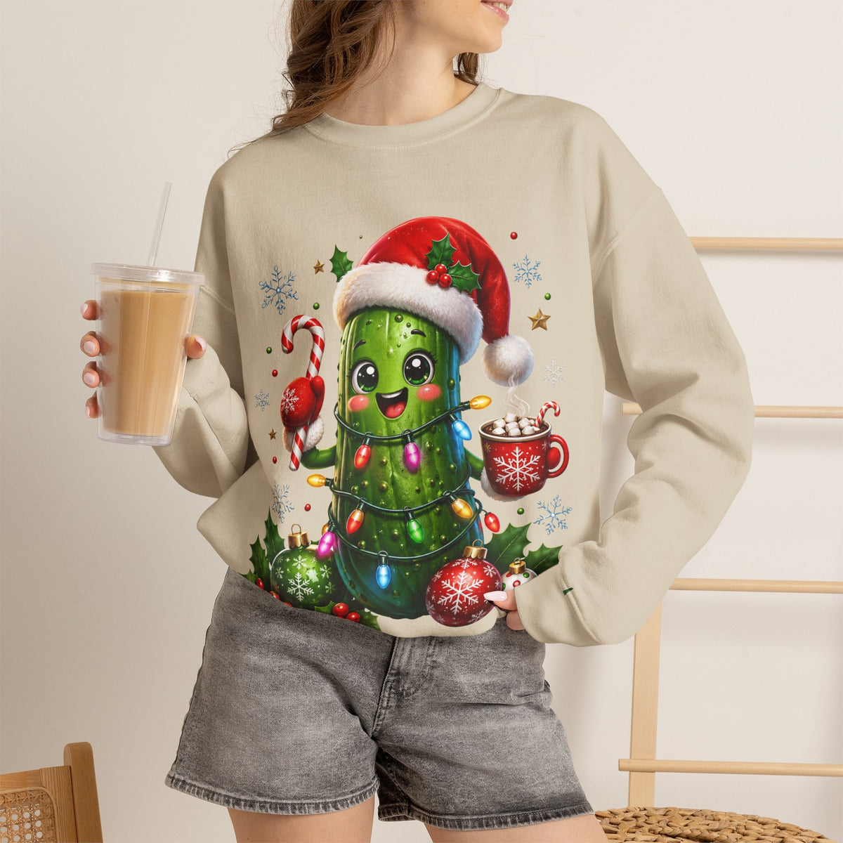 MD - Christmas Pickle Sweatshirt – Cute Holiday Pickle in Santa Hat with Candy Cane & Hot Cocoa