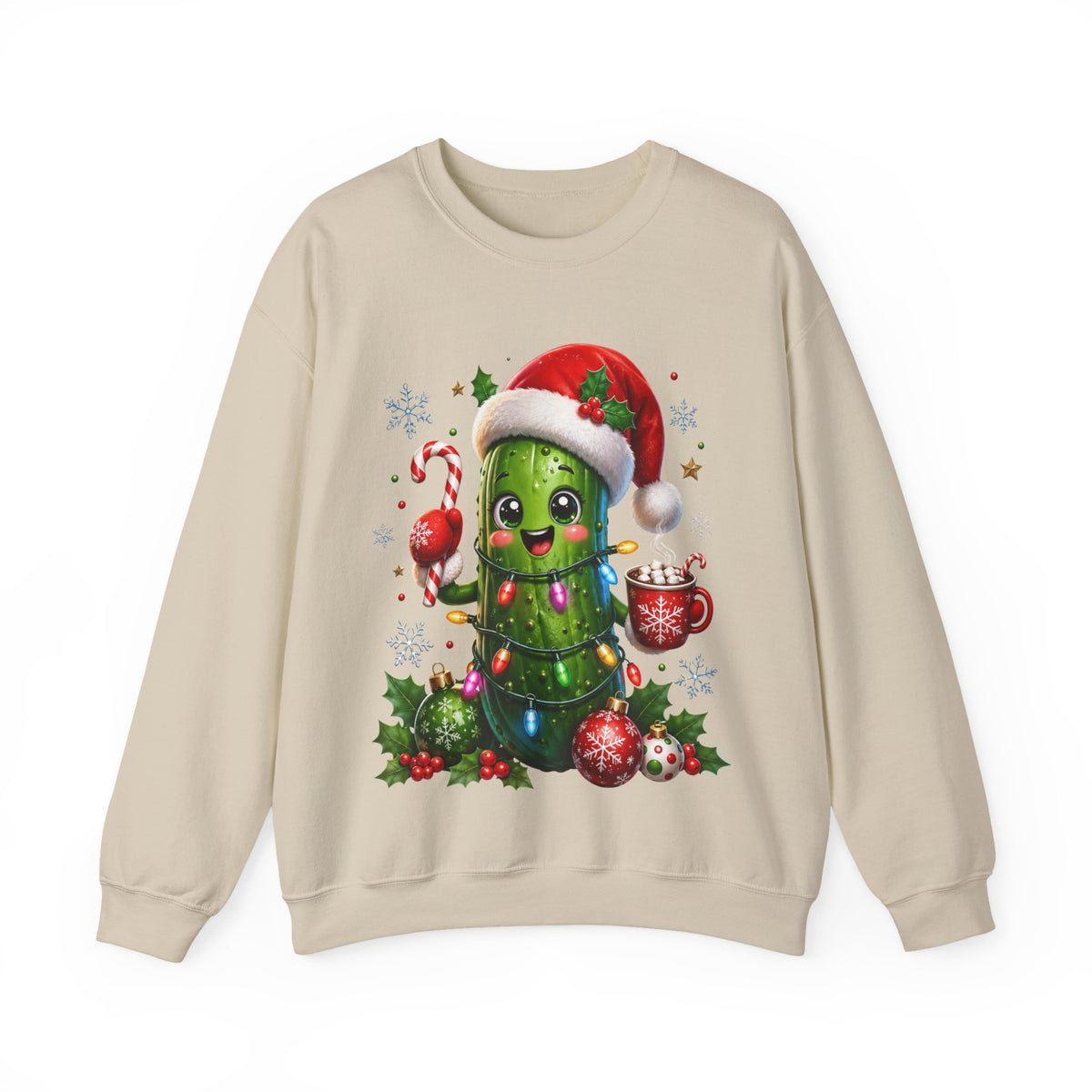 MD - Christmas Pickle Sweatshirt – Cute Holiday Pickle in Santa Hat with Candy Cane & Hot Cocoa