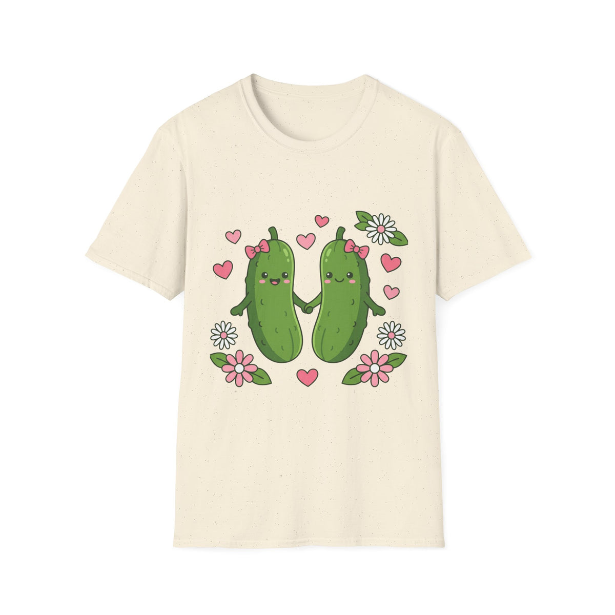 Cute Pickle Couple T-Shirt — Kawaii Matching Pickles with Hearts & Flowers