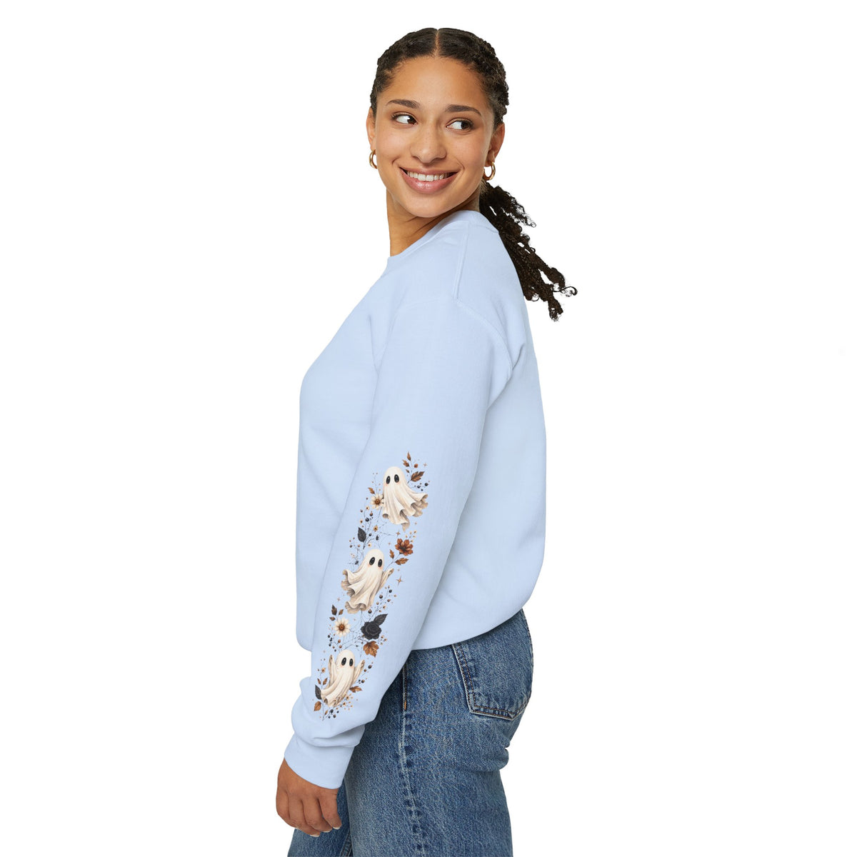 Ghost & Sunflower Crewneck Sweatshirt — Spooky Autumn Floral Pullover