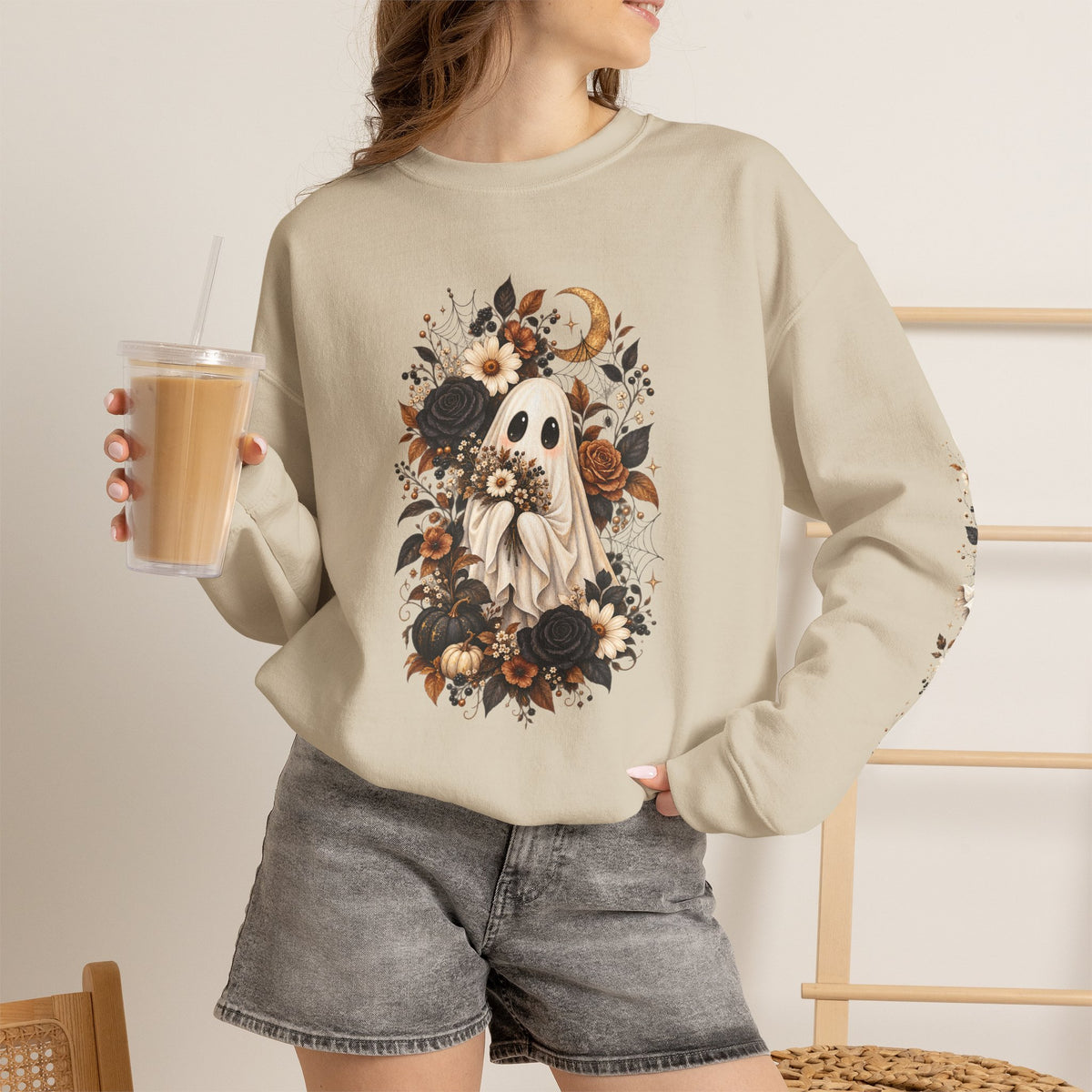 Ghost & Sunflower Crewneck Sweatshirt — Spooky Autumn Floral Pullover