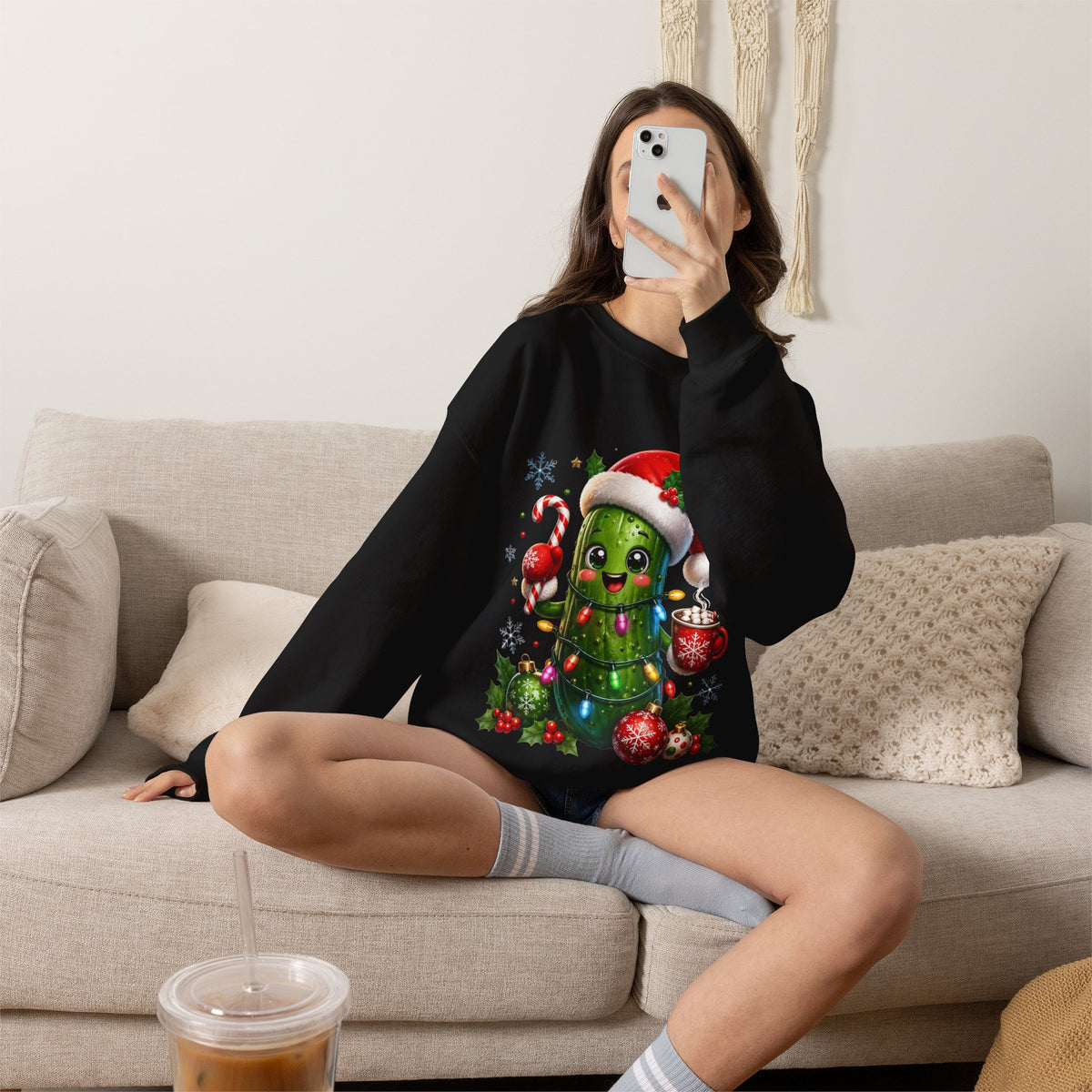 Christmas Pickle Sweatshirt – Cute Santa Hat Pickle with Candy Cane & Hot Cocoa