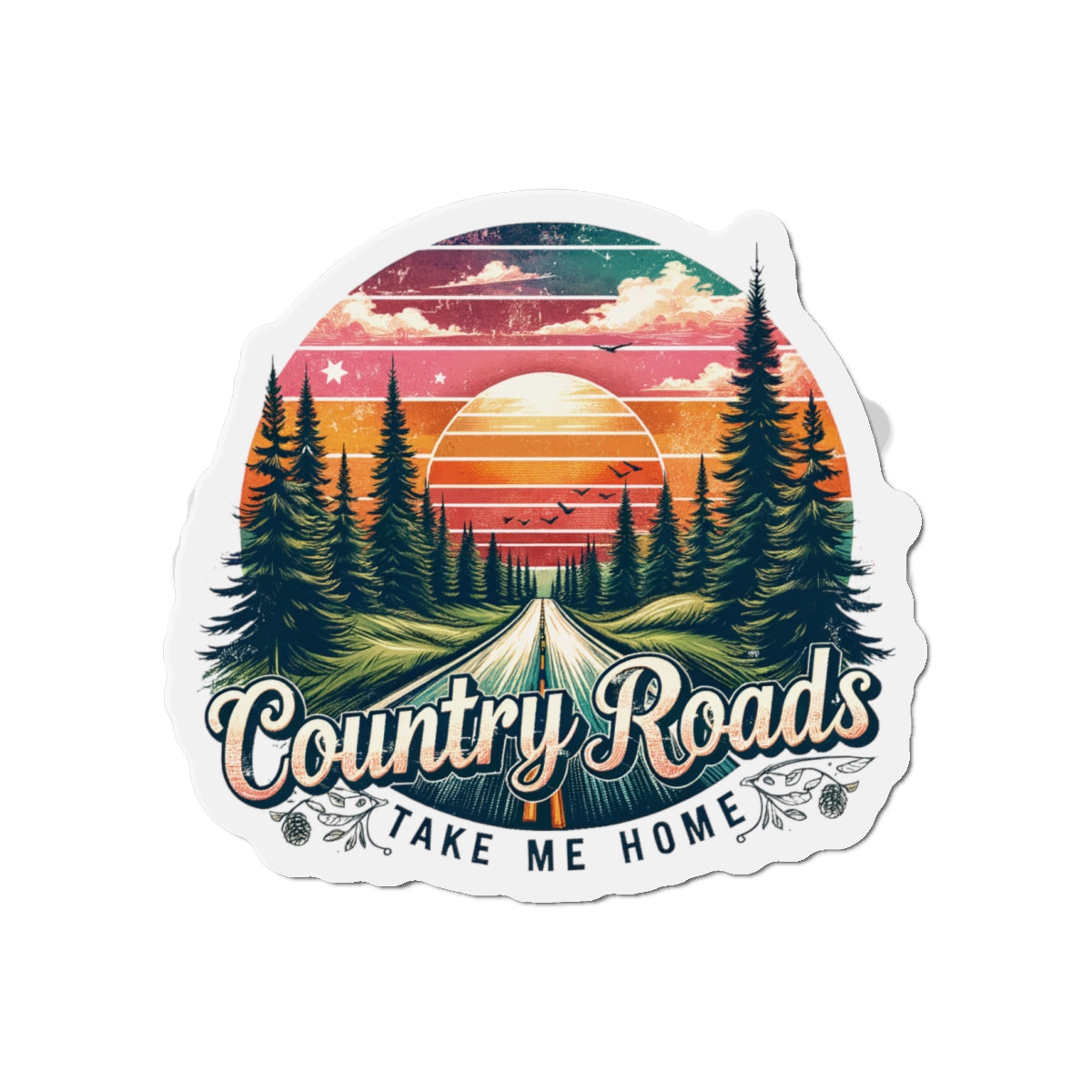 Country Roads Die-Cut Magnet — Vintage Sunset Forest Travel Sticker