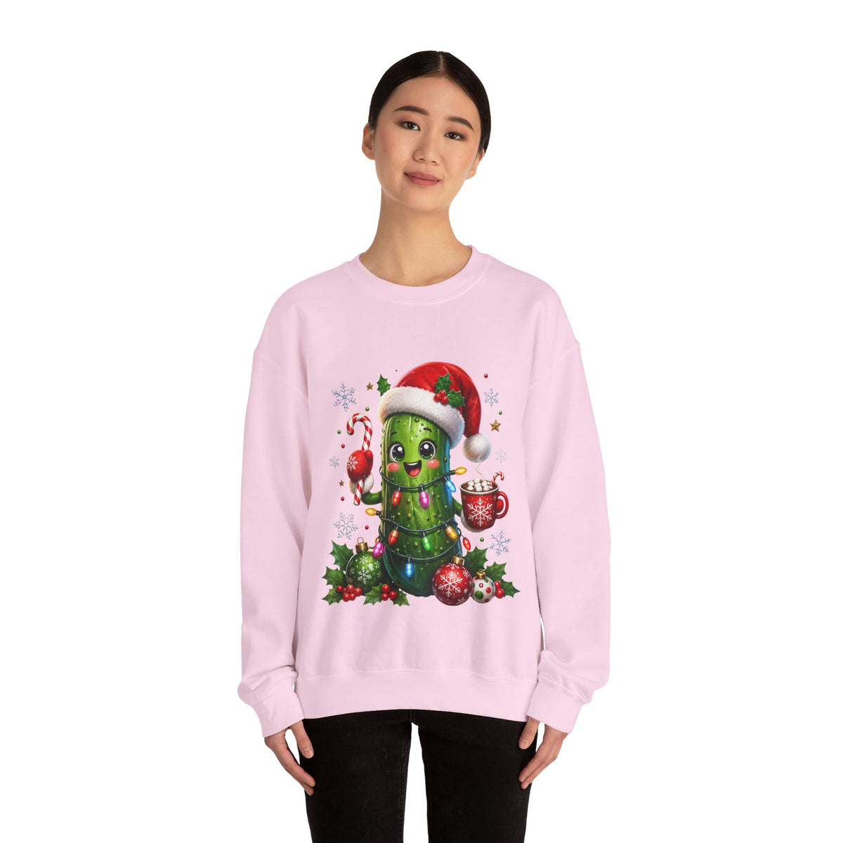 Christmas Pickle Sweatshirt – Cute Santa Hat Pickle with Candy Cane & Hot Cocoa