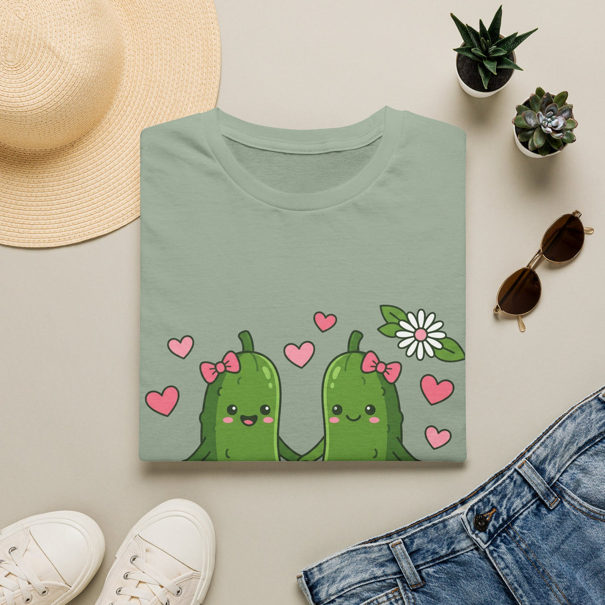 Cute Pickle Couple T-Shirt — Kawaii Matching Pickles with Hearts & Flowers