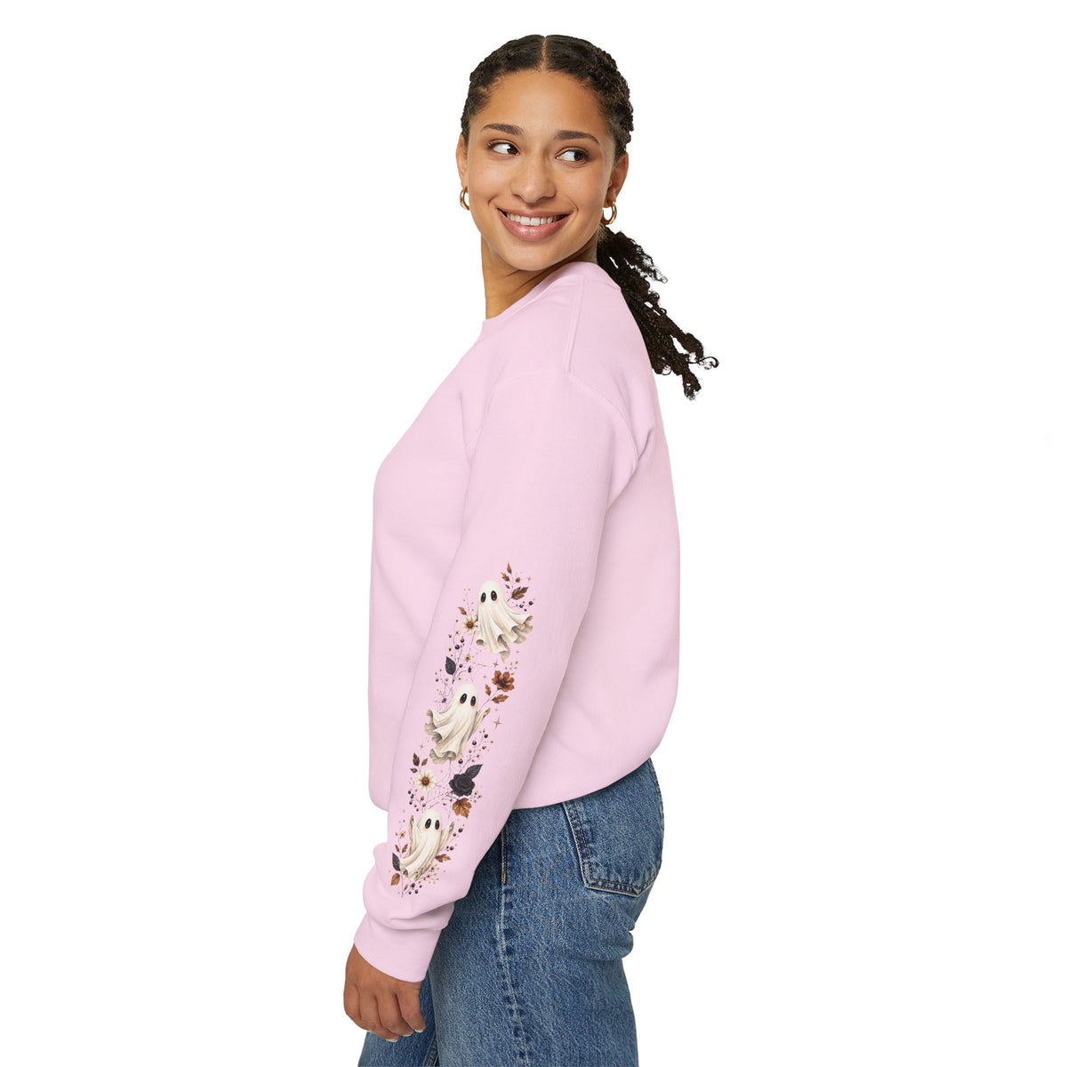 Ghost & Sunflower Crewneck Sweatshirt — Spooky Autumn Floral Pullover