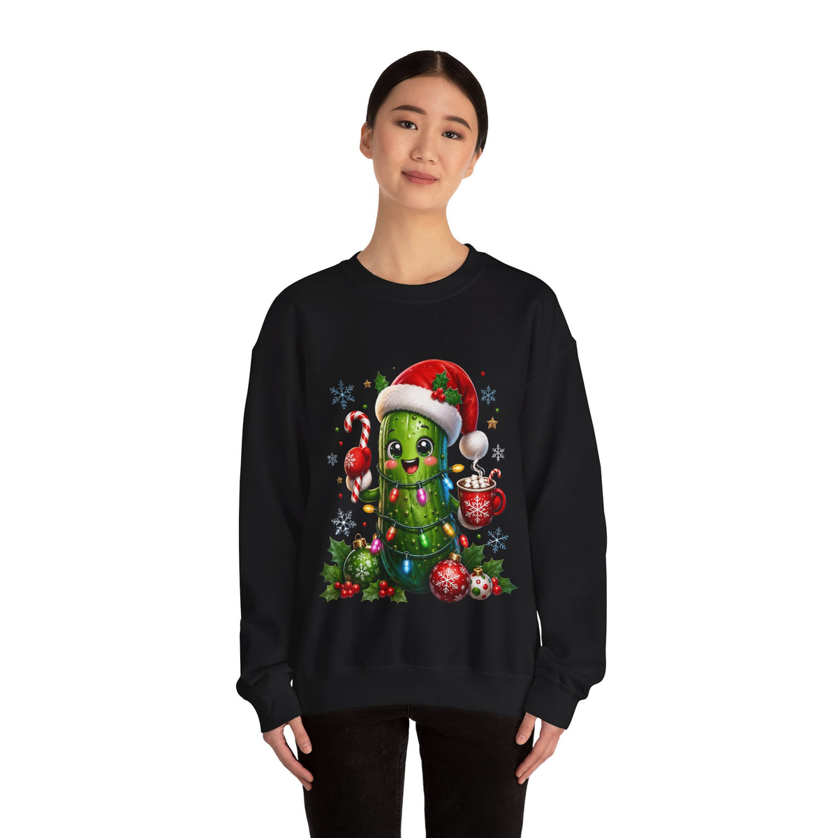 Christmas Pickle Sweatshirt – Cute Santa Hat Pickle with Candy Cane & Hot Cocoa