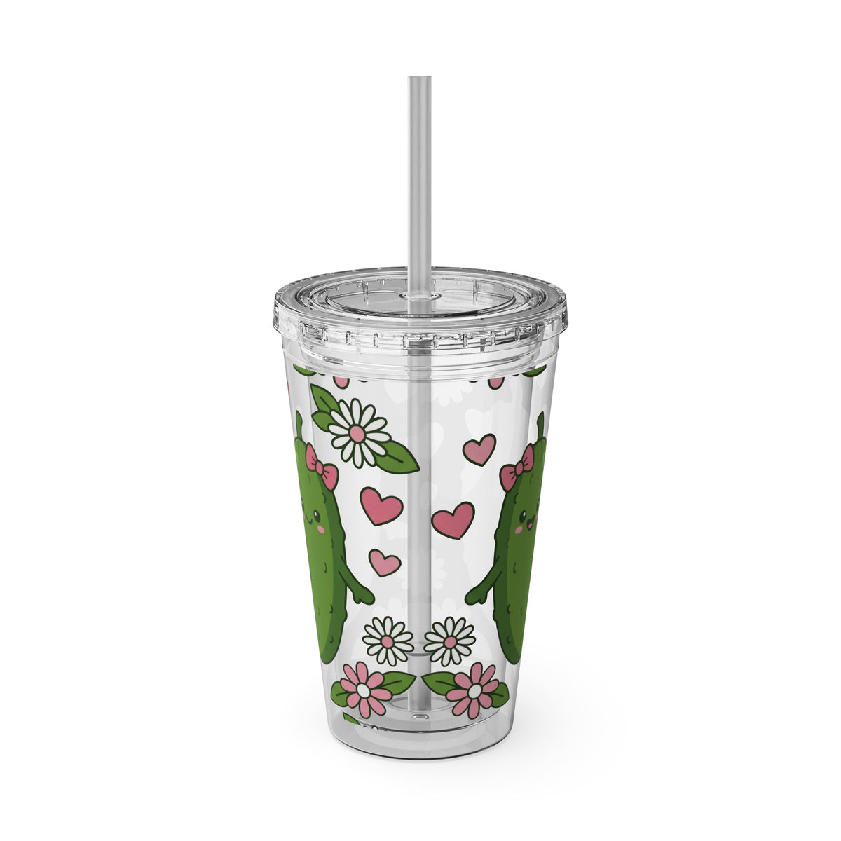 Full Wrap - Cute Pickle Love 16oz Tumbler with Straw — Floral Heart Kawaii Drink Cup