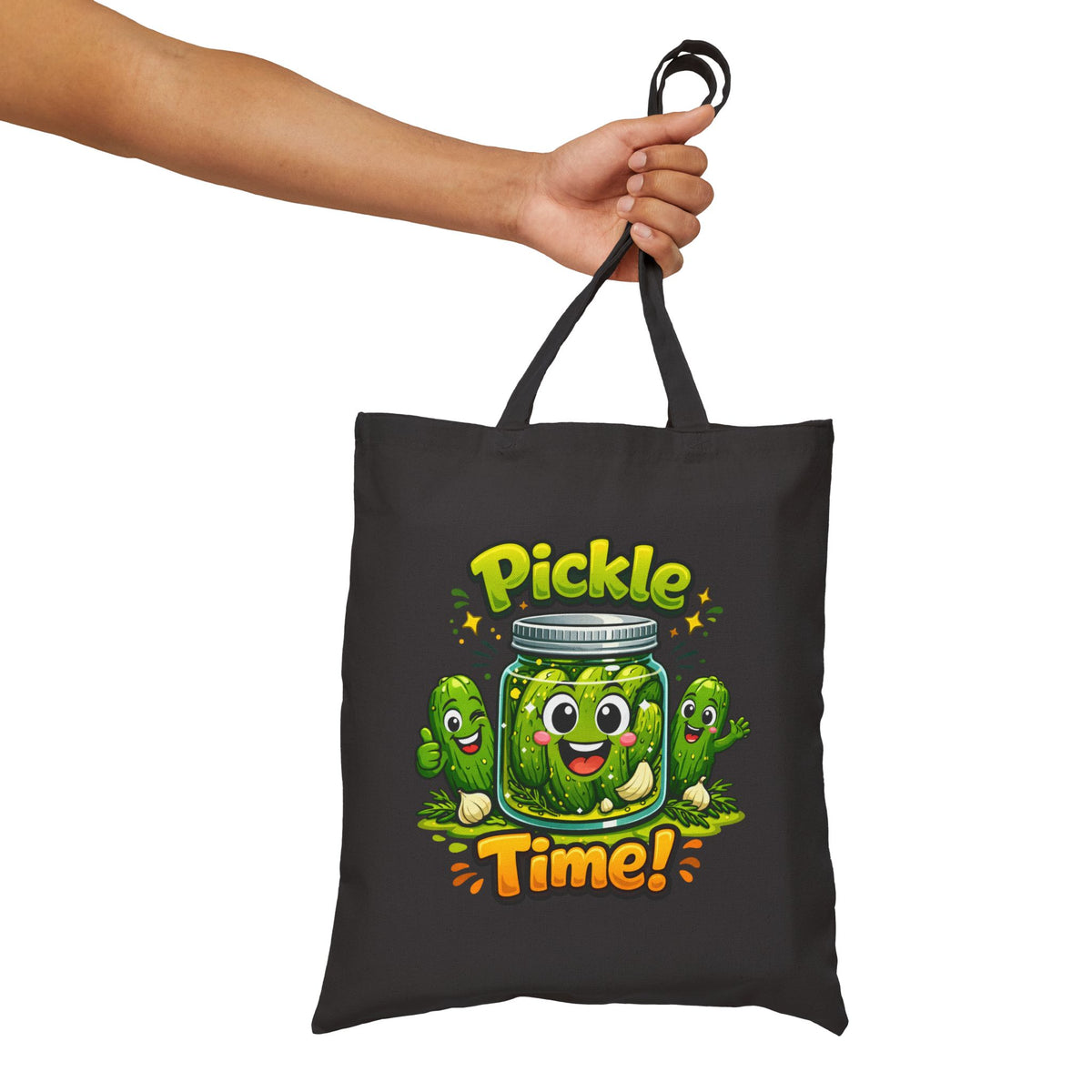 Tote Bag — Cute 'Pickle Time!' Cartoon Jar Canvas Tote (Funny Food Lover Gift)