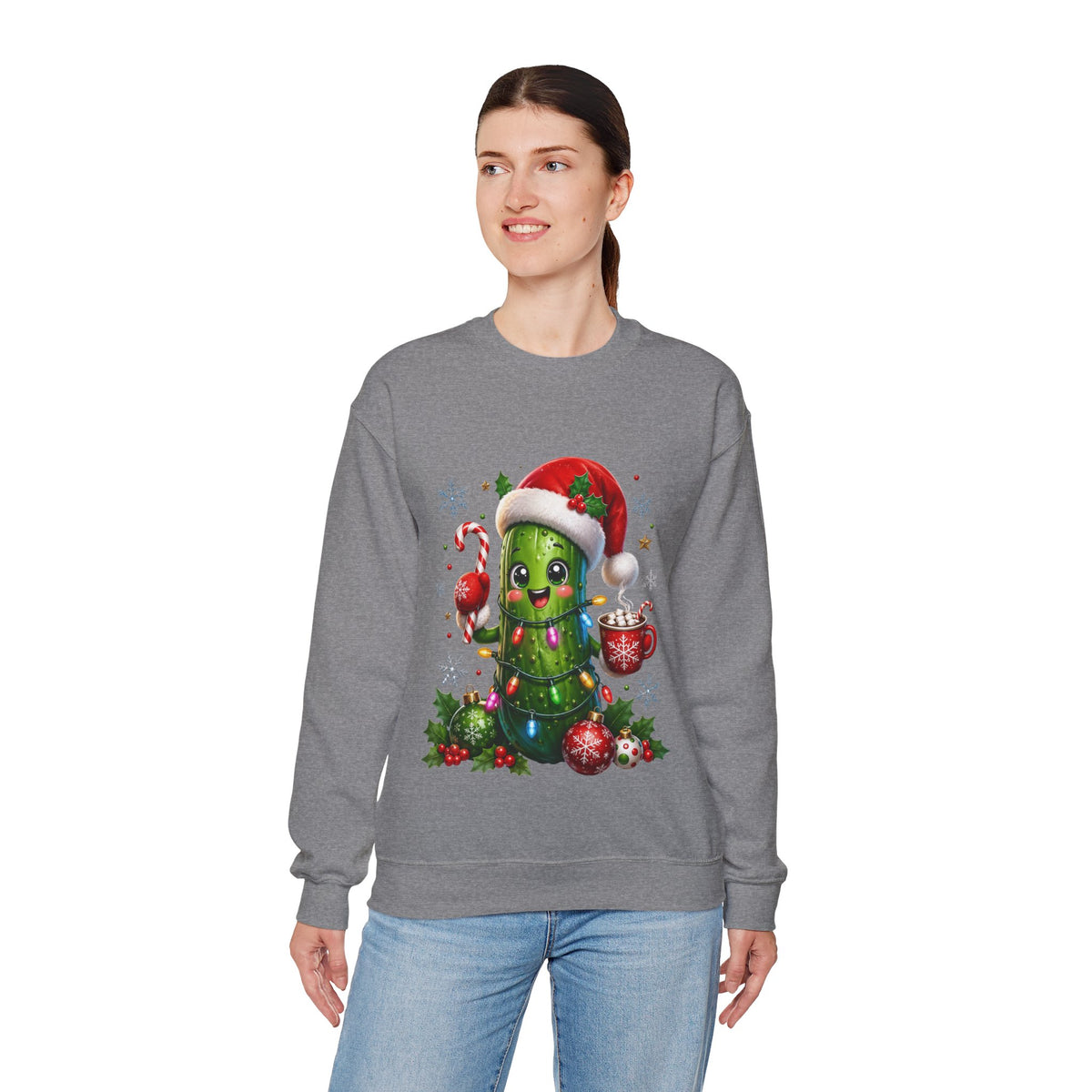 Christmas Pickle Sweatshirt – Cute Santa Hat Pickle with Candy Cane & Hot Cocoa