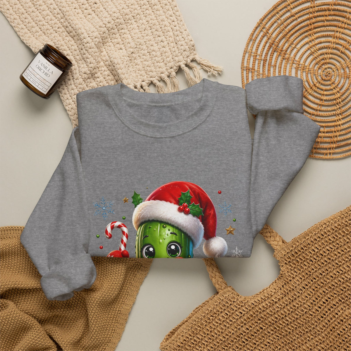 Christmas Pickle Sweatshirt – Cute Santa Hat Pickle with Candy Cane & Hot Cocoa