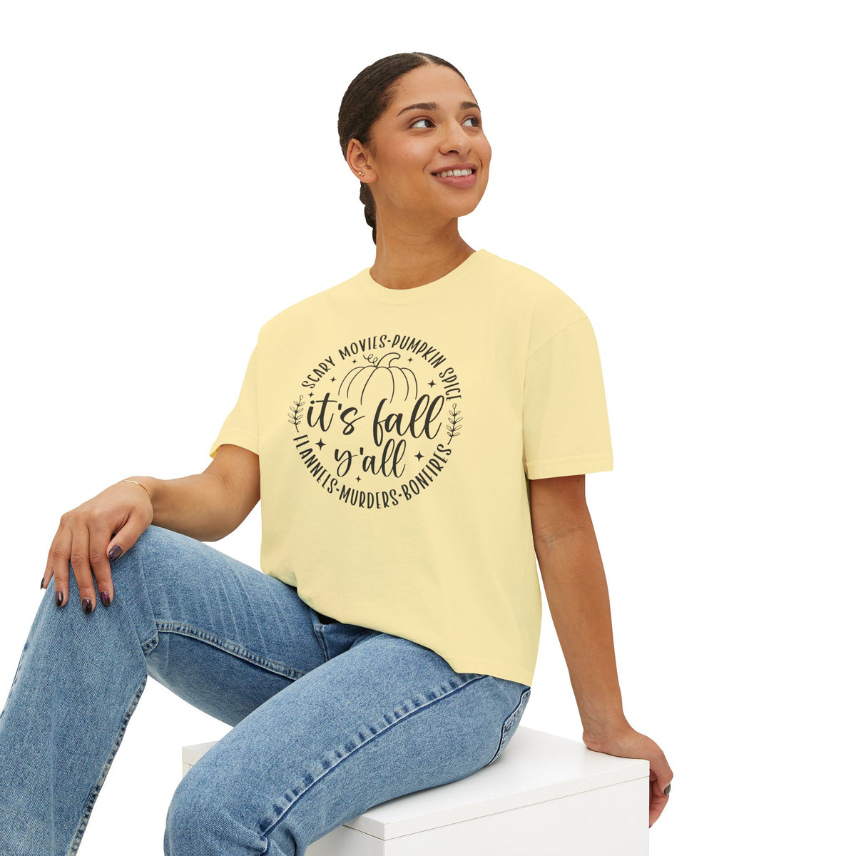 Fall Vibes Boxy Tee — "It's Fall Y'all" Pumpkin Graphic
