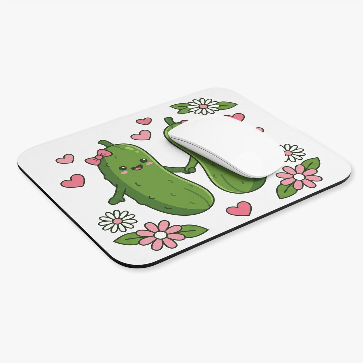 Cute Pickle Couple Mouse Pad — Kawaii Pickles with Hearts & Flowers