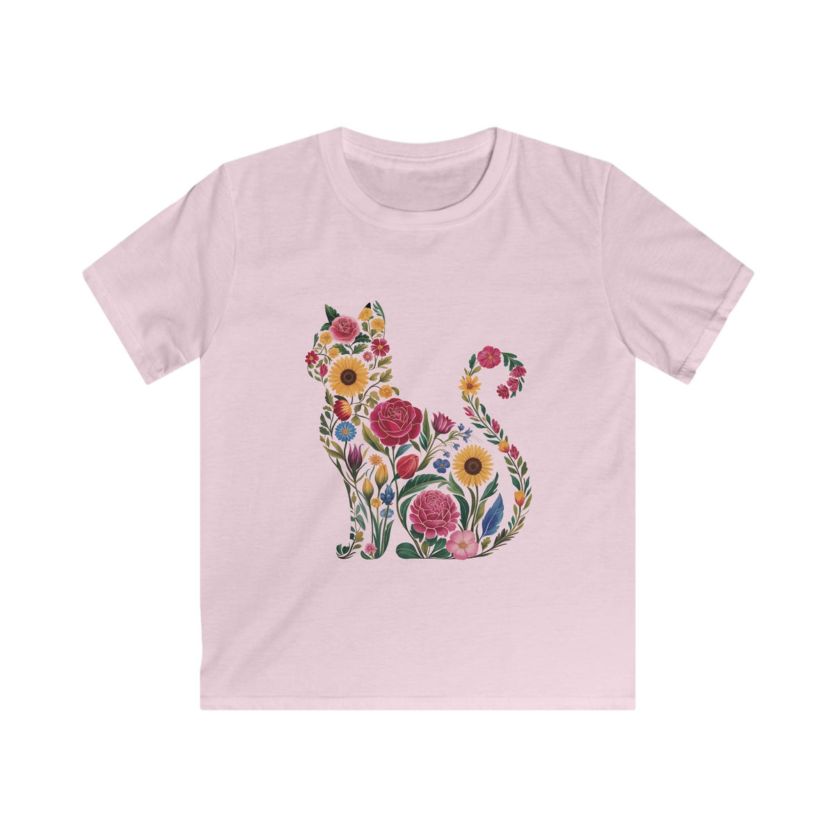 Kids Tee - Cute Botanical Floral Kitten Tee for Girls & Boys