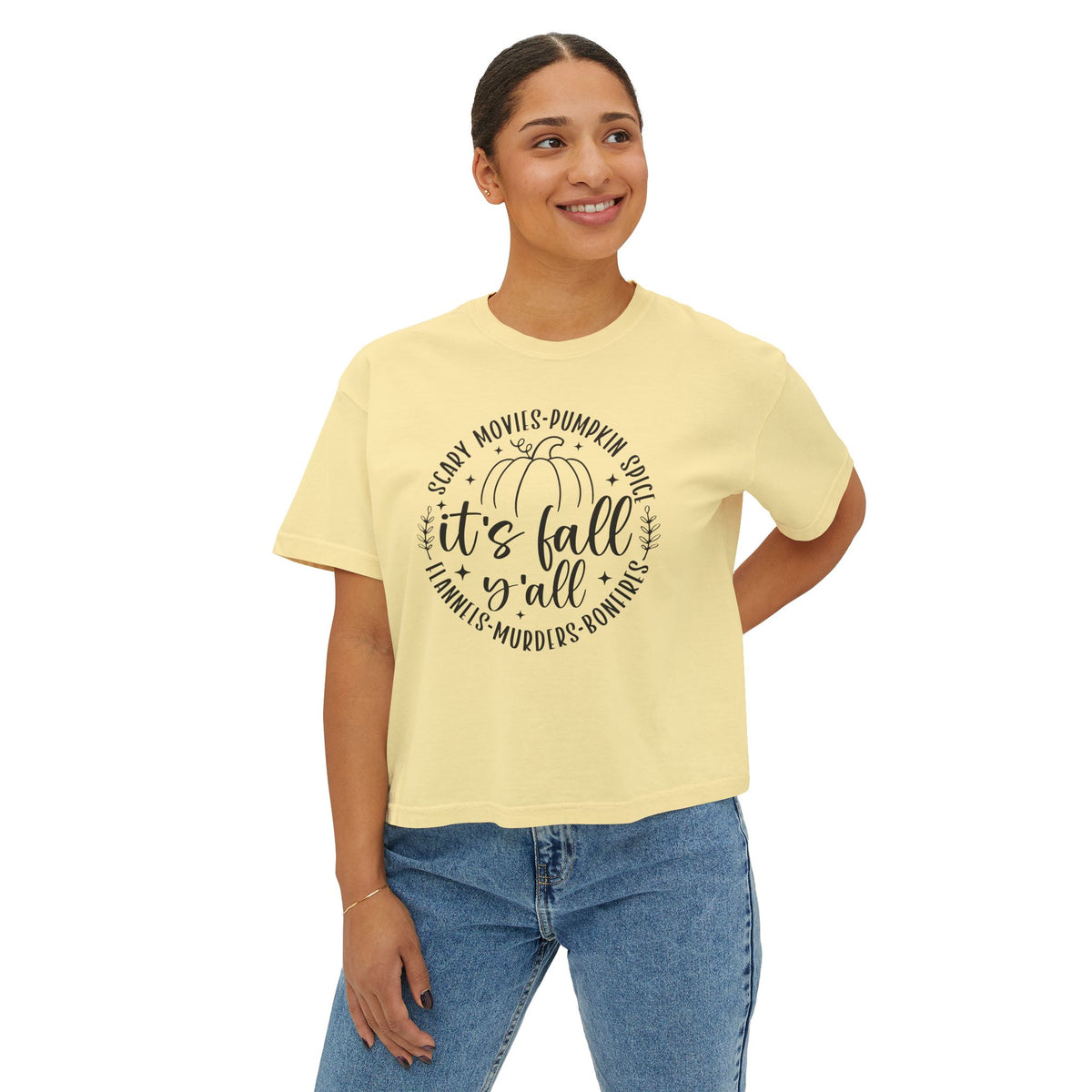 Fall Vibes Boxy Tee — "It's Fall Y'all" Pumpkin Graphic