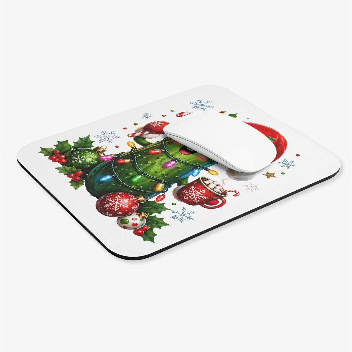 Christmas Cactus Mouse Pad — Cute Santa Hat Holiday Desk Mat with Lights & Hot Cocoa