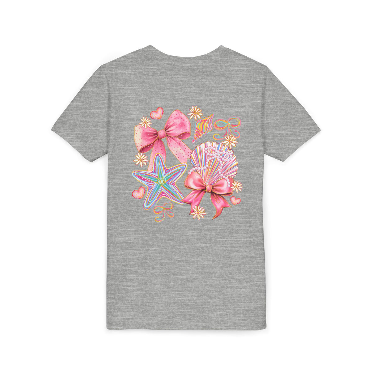 Kids Tee — Pink Seashell & Starfish Bow Graphic Shirt - Front and Back